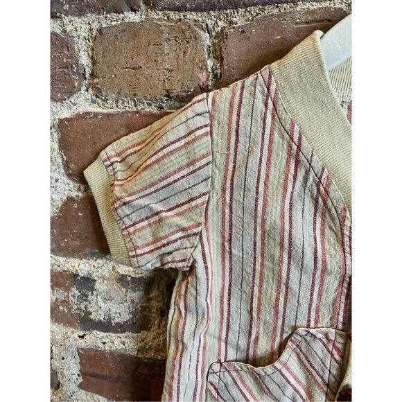Tiny Tots Original Tan/Maroon Striped Romper with Airplane Aircraft Toggle Butto - Picture 4 of 11